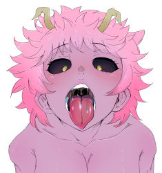 Rule 34 | 10s, 1girl, ashido mina, boku no hero academia, colored skin, highres, open mouth, oral invitation, out-of-frame censoring, pink skin, saliva, simple background, solo, tagme, teeth, tongue, tongue out, uvula, white background