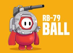 Rule 34 | 1other, altronage, ball (gundam), ball (gundam) (cosplay), black eyes, cannon, character name, clenched hands, commentary, cosplay, crossover, english commentary, fall guy, fall guys, gundam, mobile suit gundam, no humans, orange background, solo, standing