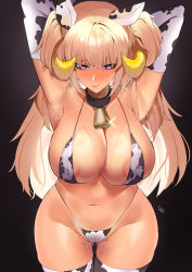 Rule 34 | 1girl, absurdres, animal ears, animal print, areola slip, arms behind head, bell, black background, breasts, cleavage, cow ears, cow girl, cow print, cowbell, cowboy shot, dark elven forest ranger, elbow gloves, gloves, highres, horns, j.moon, large breasts, last origin, navel, neck bell