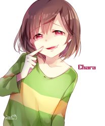 Rule 34 | androgynous, artist name, brown hair, chara (undertale), character name, collarbone, dated, finger to face, gender request, heart, heart-shaped pupils, highres, leafwow, open mouth, pink eyes, raised eyebrow, shirt, simple background, smile, solo, spoilers, striped clothes, striped shirt, symbol-shaped pupils, tongue, tongue out, undertale, upper body, white background
