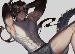 Rule 34 | 1boy, arknights, black hair, black skin, chong yue (arknights), colored extremities, colored skin, covered abs, covered erect nipples, dragon boy, dragon horns, dragon tail, earrings, gradient skin, horns, jewelry, kikan (kikanoe), long hair, looking at viewer, male focus, male underwear, parted bangs, parted lips, pointy ears, red eyes, shirt, simple background, sitting, sleeveless, sleeveless shirt, smile, solo, spread legs, tail, underwear, v-shaped eyebrows, very long hair, white background, white shirt