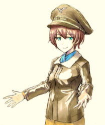 Rule 34 | 1girl, aqua eyes, bad id, bad pixiv id, bomber jacket, brown hair, buttons, corrupted metadata, hat, jacket, long sleeves, looking at viewer, military, military uniform, peaked cap, shiratama (hockey), short hair, smile, solo, strike witches, uniform, waltraud nowotny, world witches series