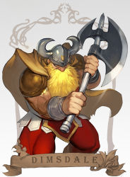 Rule 34 | 1boy, armor, axe, battle axe, big nose, blonde hair, cape, character name, commentary, dimsdale, dungeons &amp; dragons: shadow over mystara, dungeons &amp; dragons, dwarf, english commentary, fake horns, faulds, gold armor, highres, holding, holding axe, horned headwear, horns, huge weapon, leggings, male focus, morry, muscular, muscular male, nose, pauldrons, red leggings, shoulder armor, solo, thick thighs, thighs, vambraces, weapon