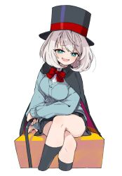 Rule 34 | 1girl, :d, black cape, black hat, black socks, blue cardigan, bow, bowtie, breasts, cane, cape, cardigan, crossed legs, fang, green eyes, grey hair, hat, highres, holding, holding cane, large breasts, long sleeves, looking at viewer, magician, mota, multicolored cape, multicolored clothes, open mouth, pleated skirt, red bow, red bowtie, school uniform, short hair, sitting, skirt, smile, socks, solo, tejina senpai, tejina senpai (series), top hat, white background