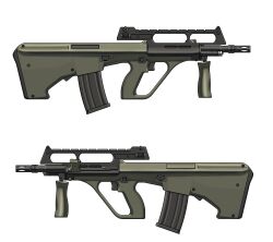 Rule 34 | absurdres, assault rifle, bullpup, from side, gun, highres, magazine (weapon), multiple views, no humans, original, rifle, simple background, spartan56 (116 spartan56), steyr aug, vertical foregrip, weapon, weapon focus, white background