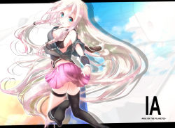 Rule 34 | 1girl, aqua eyes, asahi (ge nyu), asymmetrical legwear, bad id, bad pixiv id, bare shoulders, braid, breasts, character name, female focus, ia (vocaloid), letterboxed, long hair, looking at viewer, looking back, mismatched legwear, off shoulder, open mouth, pink hair, single thighhigh, skirt, small breasts, solo, thigh strap, thighhighs, twin braids, uneven legwear, very long hair, vocaloid