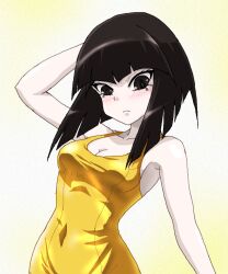 Rule 34 | 1girl, alternate color school swimsuit, arm behind head, armpit peek, black eyes, black hair, blush, breasts, character request, cleavage, embarrassed, eyelashes, frown, hayashiya zankurou, looking at viewer, navel, nyanko daisensou, school swimsuit, small breasts, swimsuit, yellow background