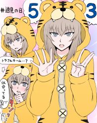 Rule 34 | 1girl, akumano riddle, animal costume, animal print, bad id, bad pixiv id, blue eyes, blush, commentary, frown, girls und panzer, hashtag, highres, itsumi erika, long sleeves, looking at viewer, onesie, silver hair, solo, sweatdrop, tiger costume, tiger print, translated, yuri
