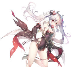 Rule 34 | 1girl, azur lane, bare legs, black dress, black gloves, breasts, bridal gauntlets, chain, china dress, chinese clothes, cleavage, commentary request, covered navel, dress, dutch angle, elbow gloves, fang, fang out, fingerless gloves, gloves, hair ornament, hand on own hip, high heels, highres, long hair, looking at viewer, miwabe sakura, mouth hold, purple eyes, short dress, sidelocks, silver hair, simple background, small breasts, smile, solo, standing, standing on one leg, twintails, vampire (azur lane), vampire (the breath of spring) (azur lane)