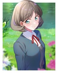Rule 34 | 1girl, arms behind back, blue eyes, blue jacket, closed mouth, commentary request, curly hair, grey shirt, highres, jacket, light brown hair, long sleeves, looking at viewer, love live!, love live! superstar!!, naarann, open clothes, open jacket, school uniform, shirt, smile, solo, tang keke, upper body, yuigaoka school uniform