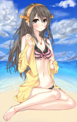 Rule 34 | 10s, 1girl, barefoot, beach, bikini, blush, breasts, brown eyes, brown hair, cleavage, day, gradient background, hairband, haruna (kancolle), hypertan, jewelry, kantai collection, long hair, looking at viewer, medium breasts, navel, necklace, outdoors, sand, sitting, solo, swimsuit, water