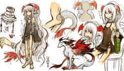 Rule 34 | ankle cuffs, anklet, barefoot, dragon, dragon girl, drink, feet, fujiwara akina, horns, jewelry, long hair, monster girl, red eyes, single horn, tail, white hair