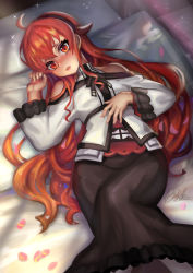 Rule 34 | 1girl, ahoge, bare shoulders, black skirt, blush, breasts, crossed bangs, eris greyrat, hairband, highres, long hair, long skirt, looking at viewer, lying, mushoku tensei, off-shoulder shirt, off shoulder, on back, on bed, open mouth, pillow, qblade, red eyes, red hair, shirt, skirt, small breasts, solo, white shirt