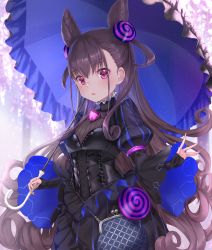 Rule 34 | 1girl, aged down, alternate breast size, black dress, blue umbrella, blurry, blurry background, blush, breasts, brown hair, commentary request, cone hair bun, depth of field, dress, fate/grand order, fate (series), fingernails, hair between eyes, hair bun, hair ornament, holding, holding umbrella, juliet sleeves, kachayori, long hair, long sleeves, murasaki shikibu (fate), parted lips, puff and slash sleeves, puffy sleeves, purple eyes, sidelocks, sleeves past wrists, small breasts, solo, tree, two side up, umbrella, very long hair, wide sleeves