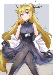 Rule 34 | 1girl, absurdres, ahoge, arknights, black dress, black gloves, black pantyhose, blonde hair, blue background, border, breasts, clothes lift, double bun, dress, dress lift, feet out of frame, fingerless gloves, gloves, hair between eyes, hair bun, hair ornament, hairclip, highres, horns, id card, jacket, k@bu, leizi (arknights), lifting own clothes, long hair, looking at viewer, medium breasts, off shoulder, open clothes, open jacket, outside border, pantyhose, pointy ears, purple eyes, qilin (mythology), simple background, sitting, sleeveless, sleeveless dress, solo, tail, very long hair, white border, white jacket