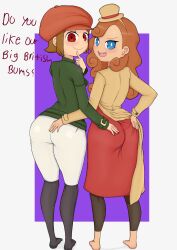 Rule 34 | 2girls, absurdres, ass, back, barefoot, blue eyes, blush, brown hair, brown headwear, closed mouth, clothes pull, dress, female focus, finger to own chin, from behind, full body, gluteal fold, hand on another&#039;s hip, hand on own hip, highres, jacket, katrielle layton, layton&#039;s mystery journey, layton brothers: mystery room, long hair, long sleeves, looking at viewer, looking back, lucy creila, multiple girls, open mouth, professor layton, pulled by self, red dress, red eyes, short hair, sidelocks, smile, standing, teeth, thighs, toes, trolltoll, united kingdom, upper teeth only
