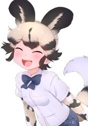Rule 34 | 1girl, african wild dog (kemono friends), african wild dog print, animal ears, blush, bow, bowtie, closed eyes, dog ears, dog tail, highres, kemono friends, kemono friends 3, layered sleeves, long sleeves, masuyama ryou, multicolored hair, open mouth, shirt, short hair, short over long sleeves, short sleeves, shorts, smile, solo, tail