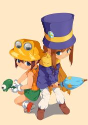 Rule 34 | 2girls, a hat in time, absurdres, back-to-back, blue eyes, blue umbrella, boots, brown background, brown footwear, brown hair, cape, child, closed mouth, coat, commentary, commentary request, dress, english commentary, frogun, gloves, green dress, hat, hat kid, highres, holding, holding umbrella, hood, hood down, hooded vest, hoodie, long hair, long sleeves, mixed-language commentary, multiple girls, orange vest, pants, ponytail, punidayo, purple coat, purple hat, red footwear, renata (frogun), shadow, shirt, shoes, short hair, shorts, simple background, sleeveless, sleeveless dress, smile, sneakers, socks, squatting, standing, top hat, umbrella, vest, white gloves, white pants, white socks, yellow cape, yellow hat, zipper, zipper pull tab