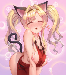 Rule 34 | 1girl, all fours, anal, anal object insertion, anal tail, animal ears, apron, between breasts, blonde hair, breasts, butt plug, cat ears, cat tail, closed eyes, clothes between breasts, deep skin, facing viewer, fake animal ears, fake tail, granblue fantasy, hair intakes, highres, incoming kiss, kiss, large breasts, long hair, naked apron, nipples, object insertion, parted bangs, puckered lips, red apron, solo, sparkle, tail, tekkai blade, twintails, zeta (granblue fantasy)
