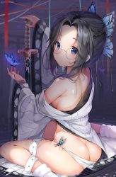 Rule 34 | 1girl, absurdres, ass, bare shoulders, black hair, breasts, bug, butt crack, butterfly, butterfly hair ornament, commentary request, glasses, hair ornament, haori, highres, insect, japanese clothes, katana, kimetsu no yaiba, kochou shinobu, long sleeves, looking at viewer, medium breasts, off shoulder, panties, parted bangs, pedo0201, purple eyes, purple hair, short hair, sideboob, solo, sword, thighs, underwear, weapon, wide sleeves