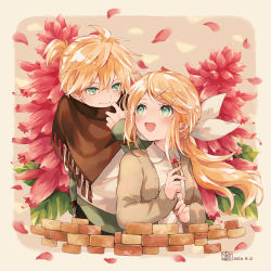 Rule 34 | 1boy, 1girl, alternate hairstyle, aqua eyes, beige background, blonde hair, bow, brick wall, cardigan, commentary, cosmetics, flower, hair bow, hair ornament, hairclip, hana (mew), holding, holding lipstick tube, kagamine len, kagamine rin, lipstick tube, long hair, looking at another, open mouth, ponytail, red flower, salvia, scarf, shirt, short ponytail, smile, spiked hair, swept bangs, upper body, vocaloid, white bow, white shirt
