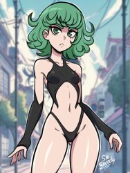 Rule 34 | 1girl, absurdres, bare legs, bare shoulders, breasts, female focus, gluteal fold, green eyes, green hair, highres, looking at viewer, matching hair/eyes, medium hair, navel, one-punch man, small breasts, solo, srbready, tatsumaki