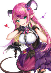 Rule 34 | 1girl, arm strap, arms behind back, asymmetrical horns, bare shoulders, blonde hair, blouse, bow, bowtie, breasts, chest harness, commentary request, demon girl, demon horns, dincat, eighth note, garter straps, green eyes, hair ornament, harness, headphones, headphones around neck, heart, holding, holding with tail, hololive, horn bow, horn ornament, horns, long hair, looking at viewer, mano aloe, md5 mismatch, microphone, multicolored hair, musical note, nail polish, one eye closed, pink bow, pink bowtie, pink hair, pointy ears, prehensile tail, resolution mismatch, shirt, simple background, skirt, sleeveless, sleeveless shirt, solo, source larger, tail, thigh strap, two-tone hair, uneven horns, virtual youtuber, white background, white shirt, wrist cuffs