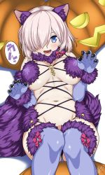 Rule 34 | 1girl, :d, animal ears, blue eyes, blue gloves, blue thighhighs, blush, breasts, claw pose, cleavage, elbow gloves, fate/grand order, fate (series), gloves, hair over one eye, halloween costume, hyouju issei, jack-o&#039;-lantern, large breasts, lying, mash kyrielight, mash kyrielight (dangerous beast), navel, official alternate costume, on back, open mouth, purple hair, short hair, smile, solo, tail, thighhighs, translated, wolf ears, wolf tail