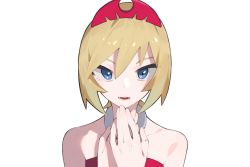 Rule 34 | 1girl, aoi (altea0923), blonde hair, blouse, blue eyes, collar, collarbone, commentary, creatures (company), game freak, hair between eyes, hairband, hands up, irida (pokemon), looking at viewer, lower teeth only, nintendo, open mouth, own hands together, pokemon, pokemon legends: arceus, red hairband, red shirt, shirt, short hair, simple background, strapless, strapless shirt, teeth, tongue, upper body, white background