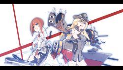 Rule 34 | 2girls, absurdres, ark royal (kancolle), armor, bismarck (kancolle), bleeding, blonde hair, blood, blood from mouth, blood on clothes, blood on face, blood stain, blue eyes, blunt bangs, bob cut, bow (weapon), breastplate, cannon, composite bow, compound bow, corset, cuts, damaged, dress, ember (7012), fingerless gloves, flight deck, flower, gloves, hairband, hat, highres, huge filesize, injury, jacket, kantai collection, letterboxed, long hair, long sleeves, machinery, multiple girls, off-shoulder dress, off shoulder, overskirt, peaked cap, quiver, red flower, red hair, red ribbon, red rose, ribbon, rose, short hair, shorts, tiara, torn clothes, tsurime, turret, uniform, weapon, white corset, white shorts