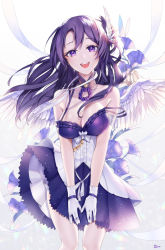 Rule 34 | 1girl, :d, angel, angel wings, armband, artist name, bare shoulders, breasts, cleavage, detached collar, dress, feathered wings, gloves, hair ornament, highres, hu kotora, large breasts, long hair, looking at viewer, open mouth, original, purple dress, purple eyes, purple hair, simple background, smile, solo, white background, white gloves, wings