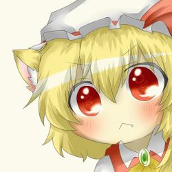 Rule 34 | 1girl, :&lt;, animal ears, animated, animated gif, ascot, blonde hair, blush, cat ears, cat girl, chibi, close-up, ear wiggle, embodiment of scarlet devil, fang, female focus, flandre scarlet, hat, kemonomimi mode, lowres, rebecca (keinelove), red eyes, shirt, short hair, solo, touhou