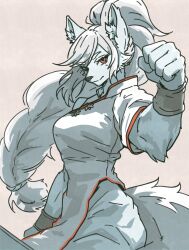 Rule 34 | 1girl, absurdres, animal ears, body fur, bracer, braid, braided ponytail, brown background, china dress, chinese clothes, clenched hand, closed mouth, dress, furry, furry female, grey fur, grey hair, hand up, high ponytail, highres, long hair, looking at viewer, mandarin collar, no sclera, original, pants, pelvic curtain, red eyes, short sleeves, side slit, simple background, solo, tail, tomochiso, upper body, white dress, white pants, wolf ears, wolf girl, wolf tail