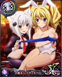 Rule 34 | 2girls, age difference, animal ear fluff, animal ears, bdsm, between legs, black thighhighs, black vs white, blonde hair, blue eyes, blush, bondage, bound, breasts, card (medium), cat ears, cat girl, cat hair ornament, cat tail, chess piece, cleavage, convenient censoring, drill hair, embarrassed, fake animal ears, fang, female focus, femdom, hair ornament, hairband, high school dxd, large breasts, leotard, multiple girls, navel, necktie, official art, rabbit ears, ravel phenex, shrug (clothing), small breasts, smile, stomach, tail, thighhighs, toujou koneko, twin drills, white hair, white leotard, wrist cuffs, yellow eyes, yuri
