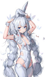Rule 34 | + +, 1girl, :o, a (sofi3103), absurdres, ahoge, animal ear fluff, animal ears, armpits, arms up, azur lane, bare shoulders, blue eyes, blush, braid, breasts, bug, butterfly hair ornament, character name, choker, collarbone, covered navel, cowboy shot, crotchless, fake animal ears, flower, grey hair, groin, hair between eyes, hair flower, hair ornament, hairband, highleg, highleg leotard, highres, le malin (azur lane), le malin (listless lapin) (azur lane), leotard, long hair, looking at viewer, low twin braids, meme attire, navel, o-ring, o-ring choker, official alternate costume, open mouth, pantyhose, parted lips, playboy bunny, rabbit ears, rabbit pose, rabbit tail, sidelocks, signature, simple background, small breasts, solo, standing, symbol-shaped pupils, tail, thigh strap, thighs, twin braids, twintails, very long hair, white background, white choker, white hair, white hairband, white leotard, white pantyhose, wrist cuffs