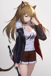 Rule 34 | 1girl, absurdres, animal ears, arknights, black choker, black jacket, breasts, brown eyes, brown hair, camisole, choker, cleavage, collarbone, cowboy shot, cutoffs, expressionless, fur trim, gradient background, hand up, highres, holding, holding weapon, jacket, lance (lancelliu), lion ears, lion girl, lion tail, long hair, long sleeves, looking down, medium breasts, open clothes, open jacket, ponytail, red shorts, shirt, short shorts, shorts, siege (arknights), sleeveless, sleeveless shirt, solo, spaghetti strap, standing, tail, thighs, weapon, white shirt