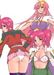 Rule 34 | 00s, 3girls, ahoge, annkoku daimaou, ass, belt, black thighhighs, blue eyes, bra, breasts, capelet, cleavage, from behind, gloves, grin, gundam, gundam seed, gundam seed destiny, hair ornament, impossible clothes, impossible leotard, large breasts, leaning forward, leotard, lingerie, long hair, looking at viewer, looking away, looking back, lunamaria hawke, meer campbell, meyrin hawke, midriff, military, military uniform, miniskirt, multiple girls, navel, open clothes, open shirt, outstretched arms, panties, pantyshot, parted bangs, pink bra, pink hair, pleated skirt, purple hair, red hair, shirt, short hair, siblings, simple background, sisters, skin tight, skirt, smile, spread arms, standing, star (symbol), star hair ornament, strapless, strapless bra, thigh gap, thighhighs, thighs, twintails, underwear, undressing, uniform, very long hair, white bra, white panties
