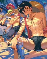 Rule 34 | 6+boys, abs, animal nose, arm rest, bare arms, bare shoulders, barefoot, beach, black hair, black male swimwear, black swim trunks, blonde hair, blue fire, blue sky, boat, bulge, buried, chest tattoo, closed eyes, collarbone, crossed arms, dappled sunlight, day, dracule mihawk, dutch angle, facial scar, facing another, fire, floating, food, food in mouth, furry, furry male, green hair, grin, hair over one eye, half-closed eyes, hat, hat on back, unworn hat, unworn headwear, height difference, holding, holding food, holding water gun, horizon, knee up, leaning back, long nose, looking at another, looking at viewer, lying, male focus, male swimwear, marco (one piece), midair, monkey d. luffy, mouth hold, multiple boys, muscular, muscular male, navel, nipples, ocean, on back, one piece, open clothes, open vest, outdoors, palm tree, pants, pectorals, popsicle, roronoa zoro, runa (nori31291404), sand, sanji (one piece), scar, scar on cheek, scar on chest, scar on face, shiny skin, short hair, sitting, sky, smile, splashing, spread legs, stitches, stomach, straw hat, sunlight, sweat, swim trunks, swimsuit, tattoo, toes, tongue, tongue out, tony tony chopper, topless male, trafalgar law, tree, tree shade, upshorts, usopp, v-shaped eyebrows, vest, water, water gun, watercraft