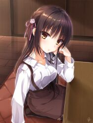 Rule 34 | 1girl, arm at side, black hair, black thighhighs, blush, braid, breasts, brown skirt, cafe stella to shinigami no chou, carpet, casual, chaamii, closed mouth, collar, collarbone, earrings, elbow on table, eyebrows hidden by hair, eyelashes, flower, hair between eyes, hair flower, hair ornament, hair ribbon, hair strand, hand on own cheek, hand on own face, highres, indoors, jewelry, kotatsu, large breasts, leaning on table, lips, long hair, long sleeves, miniskirt, mole, mole under eye, piercing, pink ribbon, raised eyebrows, ribbon, seiza, shaded face, shiki natsume, shirt, side braid, sidelocks, signature, sitting, skirt, solo, straight hair, sunlight, table, thighhighs, very long hair, white collar, white flower, white shirt, yellow eyes, yuzu-soft