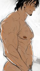 Rule 34 | 1boy, abs, bara, black hair, blush, character request, check copyright, chest hair, completely nude, copyright request, facial hair, from side, goa, kalium (jojajoja99999), large pectorals, looking to the side, male focus, male pubic hair, mature male, muscular, muscular male, navel hair, nipples, nude, original, pectorals, pubic hair, scar, scar across eye, scar on face, short hair, sideburns, solo, stomach, stubble, unfinished