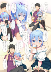 Rule 34 | 2boys, :o, absurdres, anger vein, bare shoulders, black thighhighs, blouse, blue eyes, blue hair, blue skirt, blush, cellphone, couch, full-face blush, highres, holding, holding phone, jitome, leaning on person, looking at phone, looking back, male focus, multiple boys, open mouth, original, pants, phone, purple shirt, shirt, short hair, sitting, skirt, smartphone, thighhighs, translation request, trap, uro (urotanc), yaoi