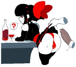Rule 34 | 2boys, ?, ass, black hair, black thighhighs, bow, choker, clothes lift, cocktail glass, collar, condom, cup, detached sleeves, dizzyspells, drinking glass, hair bow, imminent penetration, large penis, multiple boys, original, penis, pleated skirt, red eyes, scythe (dizzyspells), short hair, sidelocks, skirt, skirt lift, spiked collar, spikes, spoken question mark, thighhighs, thong, white background, yaoi