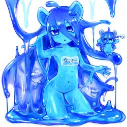 Rule 34 | 2girls, ahoge, animal ears, blue eyes, blue hair, blue sclera, blue skin, breasts, chibi, colored sclera, colored skin, contrapposto, cowboy shot, curss, hair between eyes, hand up, head tilt, heart, highres, long hair, looking at viewer, monster girl, multiple girls, name tag, navel, nude, original, parted lips, simple background, slime girl, small breasts, solo focus, very long hair, white background