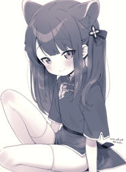 Rule 34 | 1girl, animal ears, asymmetrical bangs, blue archive, chinese clothes, hair ribbon, highres, kanya pyi, long hair, monochrome, pelvic curtain, ribbon, short sleeves, shun (blue archive), shun (small) (blue archive), simple background, smile, solo, thighhighs, white background