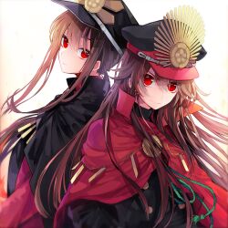Rule 34 | 1boy, 1girl, black cape, brother and sister, cape, crest, family crest, fate/grand order, fate (series), fiery hair, harukoma, hat, low ponytail, medallion, military hat, oda nobukatsu (fate), oda nobunaga (fate), oda uri, peaked cap, red cape, red eyes, shako cap, siblings, simple background, smile, trap, upper body, white background