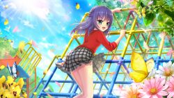 Rule 34 | 1girl, aqua eyes, ass, blue butterfly, blue hair, blue sky, bug, butterfly, climbing, daisy, day, dot nose, film grain, flower, from below, game cg, grey skirt, honjou kasumi, insect, izumi tsubasu, jungle gym, leaf, legs, looking at viewer, looking back, medium hair, miniskirt, non-circular lens flare, non-web source, official art, open mouth, pansy, pink flower, plaid, plaid skirt, playground, re:stage!, red shirt, shirt, skirt, sky, slide, smile, solo, sparkle, sun, tree, white flower, wind, yellow butterfly, yellow flower, yellow pansy