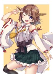 Rule 34 | 1girl, ;d, bare shoulders, black footwear, boots, brown hair, detached sleeves, flipped hair, green skirt, headgear, hiei (kancolle), highres, kantai collection, leg up, looking at viewer, nontraditional miko, one eye closed, open mouth, plaid, plaid skirt, pleated skirt, ribbon-trimmed sleeves, ribbon trim, short hair, skirt, smile, solo, soramuko, thigh boots, thighhighs, v