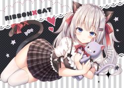 Rule 34 | 1girl, animal ear fluff, animal ears, black camisole, blouse, blue eyes, blush, bow, breasts, brown skirt, camisole, cat ears, cat girl, cat tail, closed mouth, collared shirt, commentary request, hair bow, large breasts, long hair, looking at viewer, nanohana kohina, original, plaid, plaid skirt, pleated skirt, puffy short sleeves, puffy sleeves, red bow, shirt, short sleeves, silver hair, skindentation, skirt, smile, solo, sparkle, star (symbol), striped, striped background, stuffed animal, stuffed cat, stuffed toy, tail, tail bow, tail ornament, tail raised, thighhighs, two side up, vertical stripes, very long hair, white shirt, white thighhighs