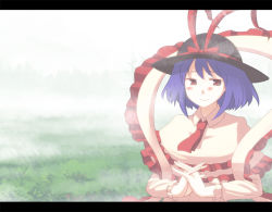 Rule 34 | 1girl, blue hair, blush, bowl, bowl hat, capelet, dress, female focus, frills, hat, letterboxed, looking at viewer, nagae iku, own hands clasped, own hands together, red eyes, solo, takuzui, touhou, upper body, white dress, yuzuki (yuduame)