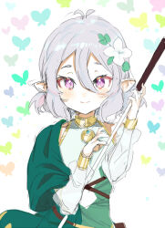 Rule 34 | 1girl, blush, bug, butterfly, detached sleeves, dress, flower, grey hair, hair between eyes, hair flower, hair ornament, holding, insect, kokkoro (princess connect!), looking at viewer, pinch (nesume), pointy ears, princess connect!, purple eyes, see-through, see-through sleeves, short hair, simple background, sketch, smile, solo, upper body, white flower